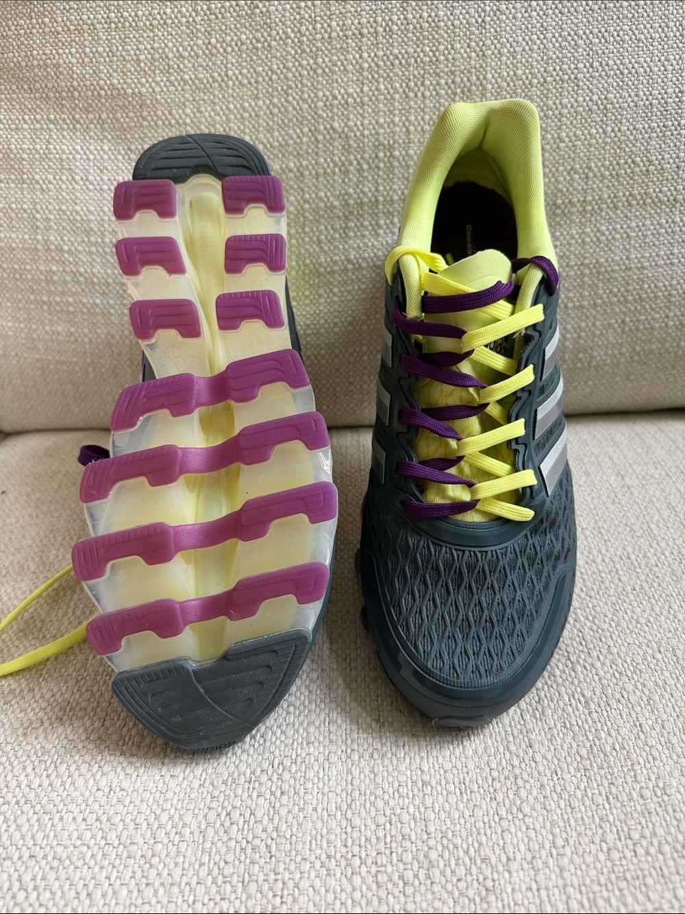 Adidas Women's Gray Running Shoes with Yellow Interior and Spring Blade